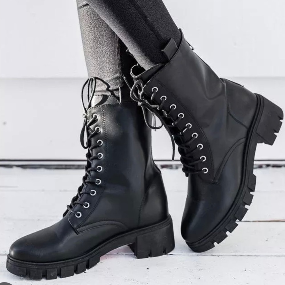Trina Black Leather Combat Boots by Pink Lily